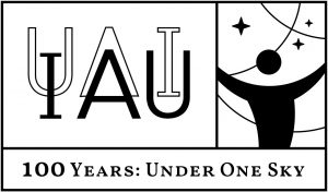 The Logo is composed by two parts: (to the left we have the traditional IAU logo where the letters IAU interlace with UAI the French initials Union Astronomique Internationale to the right humanoid figure arms open with stars in the back. It reads underneath 100 Years: Under One Sky)